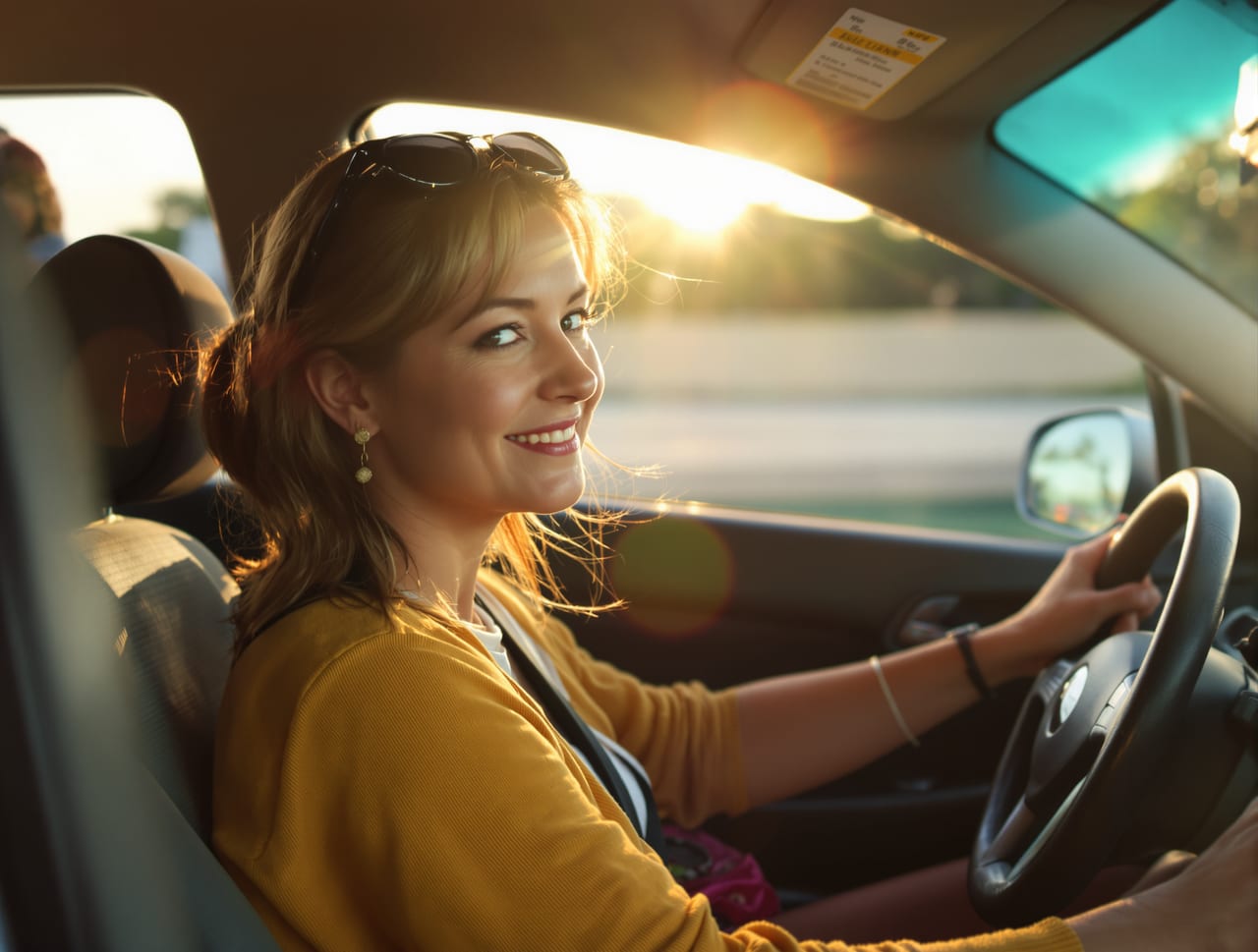 Candid documentary photo of an ordinary woman in her forties sitting in the driver
