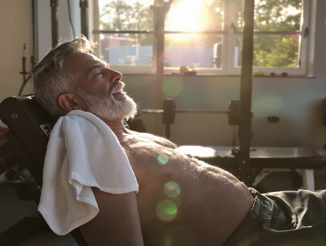 Candid documentary photo of an ordinary man in his sixties with grey stubble and a towel on his shoulder, resting betwee