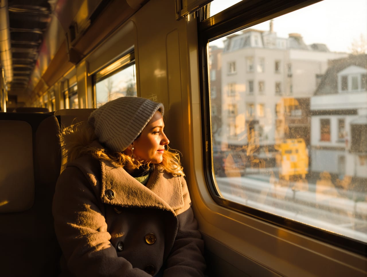 Candid documentary photo of an ordinary woman in her thirties in a wool coat sitting by the window of a commuter train, 