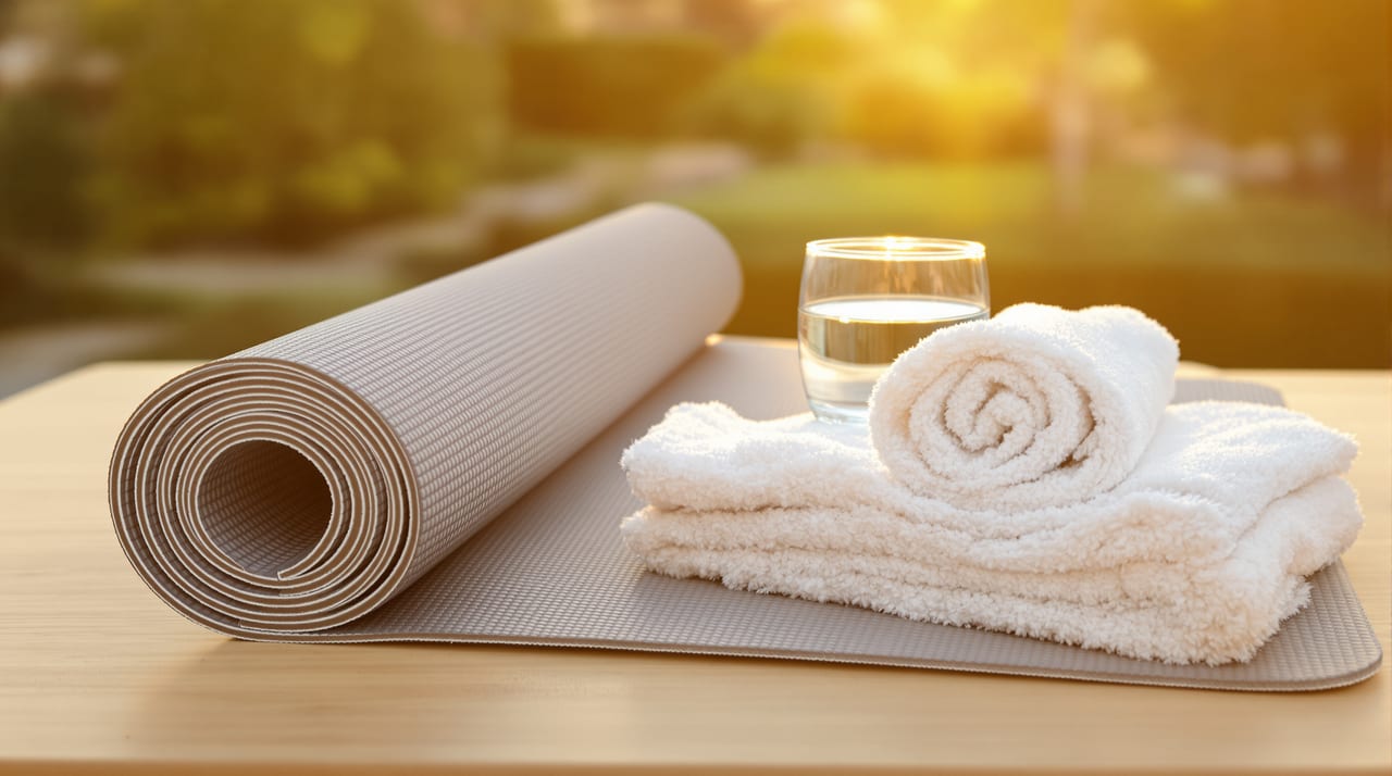 Side-on still life of a rolled grey exercise mat, a clear glass of water and a folded cotton hand towel on a plain woode